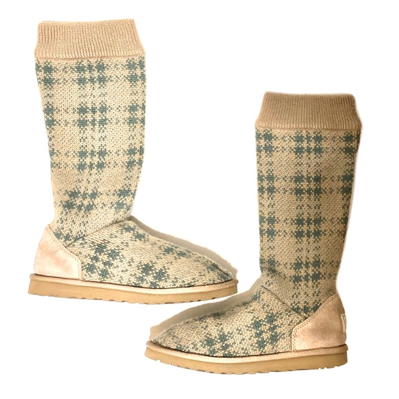 UGG tan and green plaid sweater tall boots - Picture 1 of 16